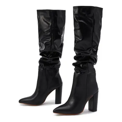 (black, 38) Eilyken Fashion White Black Women Knee High Boots Sexy Pointed Toe Square Heels Ladi