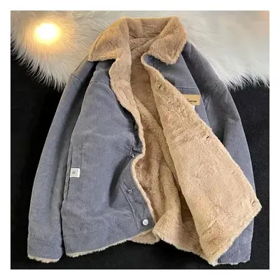 (grey, L) Men&apos;s Khaki Y2k Winter Thick Parkas Plus Velvet Loose Corduroy Down Coat Quality 