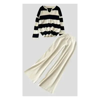 (blue, One Size) Two-piece Sets Vintage Elegant V-neck Long-sleeved Contrast Striped Knit Sweate