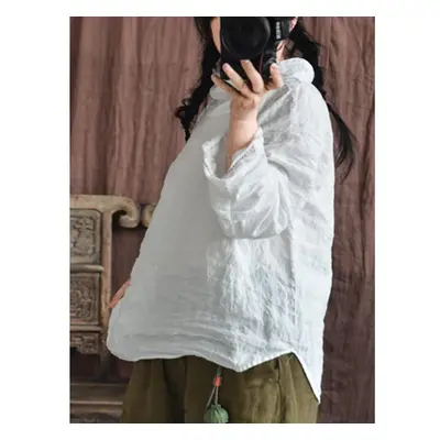 (white, One Size) Johnature Women Linen T-shirts Solid Color Long Sleeve Tees Spring High Qualit