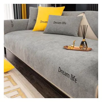 (grey, 90x240cm) Chenille Modern Sofa Cover Four Seasons Universal Embroidery Solid Color Sofa C