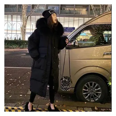 (black, M) Ladies Down Jacket Winter Fashion Big Fur Collar Hooded Jacket Thick And Cotton Warm 