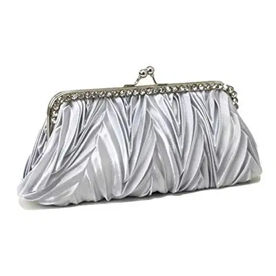 Vintage Soft Satin Wave Pleated Crystal Evening Clutch Handbag Wedding Bags (Silver)