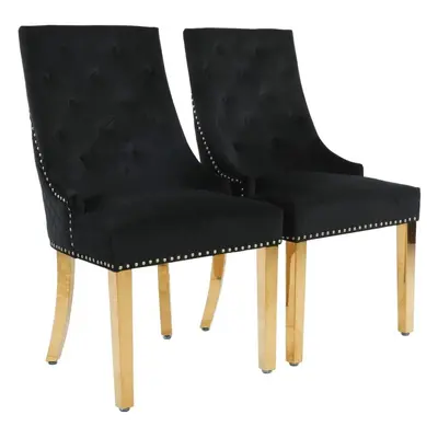 (Set of Chairs, Black With Gold Legs) Luxury Lion Knocker Velvet Dining Chairs Padded Gold/Silve