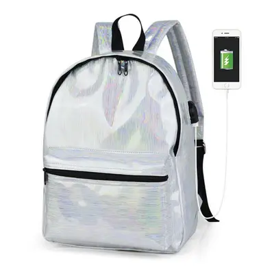 (Silver) USB PU Backpack Waterproof Inch Laptop School Bag Camping Travel Pack Shoulder Bag Hand