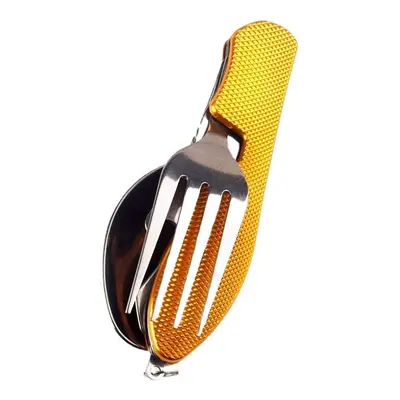 (Yellow) In Outdoor Tableware Set Camping Cooking Supplies Stainless Steel Spoon Folding Pocket 