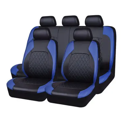 (Blue Set) PU Leather Universal Car Seat Covers Airbag Compatible Waterproof Automobile Seat Pro