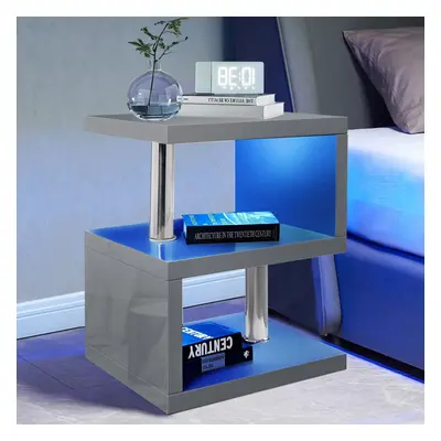 ((Grey)) High Gloss Tier Side Coffee Table With Led Light