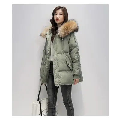 (green, M) New Winter Women Fur Collar Parkas Jackets Fashion Hooded Thicken Warm Padded Coat Fe