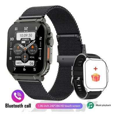 (black, Silicone strap + Milan me) Bluetooth Call Smart Watch Men 1.96inch 600mah Large Battery 