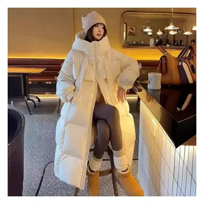 (beige, M) Women&apos;s Winter Autumn Hooded White Duck Down Jacket Coat Stand Collar Long Solid