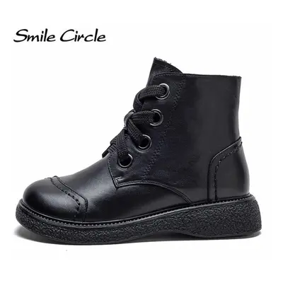 (black, 38) Genuine Leather Women Boots Lace Up Side Zipper Ankle Boots Vintage Fashion Casual S