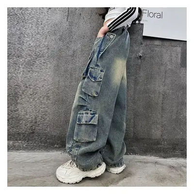 (blue, 150) Cargo Jeans For Girls Spring Loose Casual Elastic Waist Teenage Children Wide Leg Pa