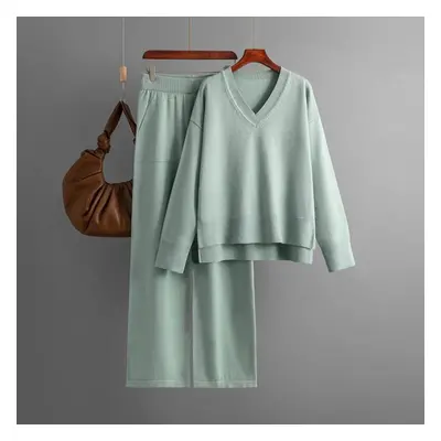 (light green, OneSize) Autumn Winter Knitted Sweater Suit Female Loose V Neck Jumper Pant Two Pi