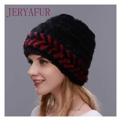 (black,red) Jeryafur Winter Women Mink Fur Woven Fur Hat Ladies Fashion Warm Padded Fur Earmuffs