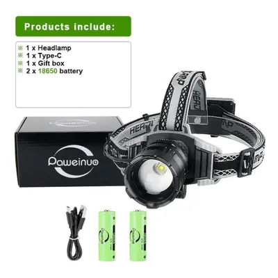 (black, with battery, box) Most Powerful Headlamp High Power Led Rechargeable Usb Head Flashligh