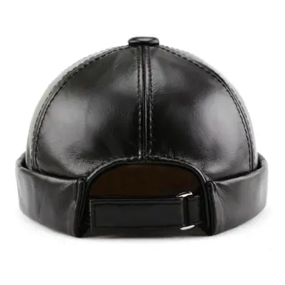 (black, L(55-57cm)) Men Genuine Leather Skullcap, Sailor Cap Hat Beanie Rolled Cuff Retro Brimle