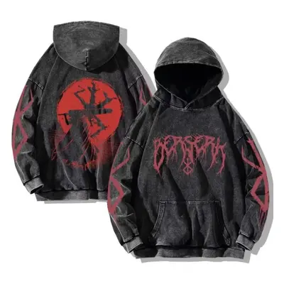 (M, black) Harajuku Anime Berserk Guts Print Hooded Men Women Vintage Manga Hoodies Plus Size St