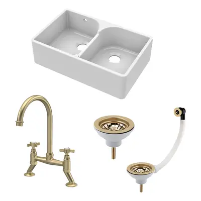 Fireclay Kitchen Bundle - Double Bowl Stepped Weir Butler Sink, Wastes & Crosshead Tap, 795mm - 