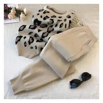 (khaki, XL) 2pcs/set Women Knit Leopard Pullover Sweaters+pants Sets Woman Fashion Jumpers Trous