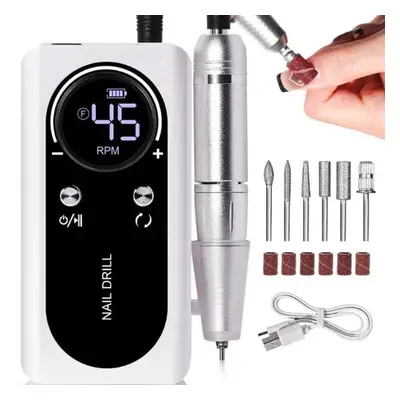 (white) Nail Drill Machine With Lcd 45000rpm Rechargeable Low Noise Professional Nail Polish San