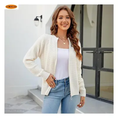 (white, M) Zimoxuan Casual Round Neck Sweater With Zipper - Trendy Knitted Cardigan For Women