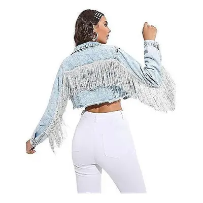 (M, Light Blue) Women's Raw Hem Ripped Fringe Long Sleeve Crop Denim Jacket