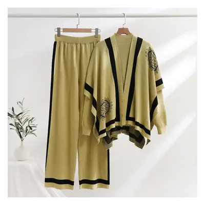 (yellow, One Size) Elegant Floral Stamp Knitted Three-piece Suit Autumn Winter Knit Top And Wide