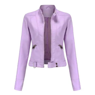 (purple, XXL) Women&apos;s Short Small Coat Spring Autumn Stand Collar Long Sleeve Thin Leather 