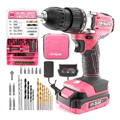 Hi-Spec Piece 18V Pink Drill Driver & Multi Bit Set. DIY Cordless Screw & Drilling Power Tool wi