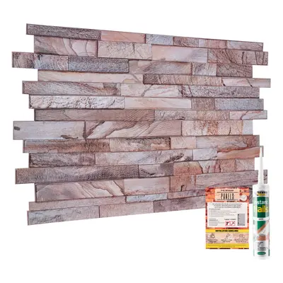 (Set of 10) 3D Wall Panels with Adhesive (96 x 48cm) PVC Cladding with Rose Marble Slim Stone Br