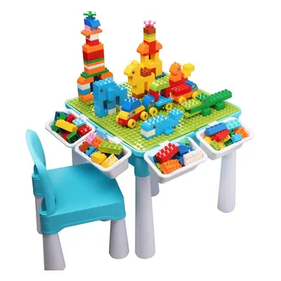 (Blue) Kids 5-in-1 Multi Activity Table Set - Pieces Compatible Bricks Toy Includes Chair and La