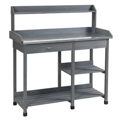 Outsunny Garden Potting Table Workstation w/ Metal Tabletop, Drawer, Shelves