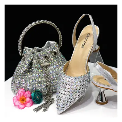 (Sliver, 41) Italian Design Shoe And Bag Set High Quality Handmade Lady Evening Banquet Shoes