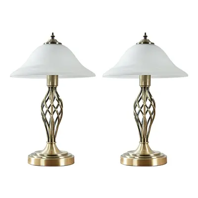 Pair of - Traditional Style Antique Brass Barley Twist Table Lamps with a Frosted Alabaster Shad