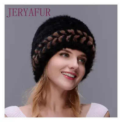 (black,brown) Jeryafur Winter Women Mink Fur Woven Fur Hat Ladies Fashion Warm Padded Fur Earmuf