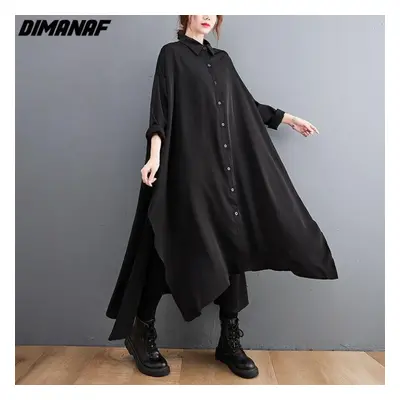 (black, One Size) Dimanaf Autumn Dress Women Clothing Shirt Dress Oversize Cotton Elegant Lady C