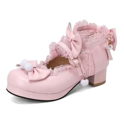 (pink, 36) Vangull Brand Spring Women Pumps Plus Size 22-26.5cm Pearl Mesh Bow Ankle Buckle Loli