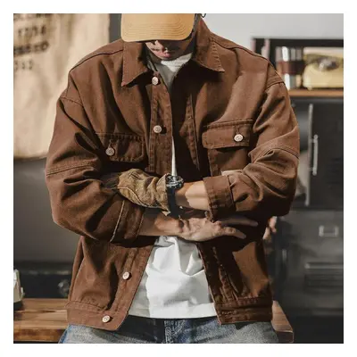 (coffee, L) Men&apos;s Spring Casual Vintage Long Sleeve Work Jacket