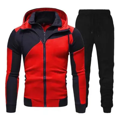 (red, XL) Men Autumn Winter Hoodie Pants Suit Fashion Hooded Splicing Zipper Coat With Elastic W