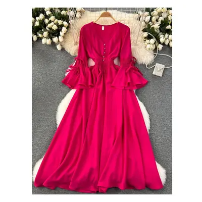 (rose red, One Size) Spring Autumn New Fahison Candy Color Long Dress Women Elegant V-neck Flare