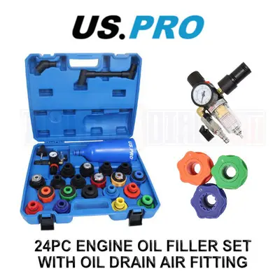 US PRO Tools 24pc Engine Oil Filler Set With Oil Drain Air Fitting