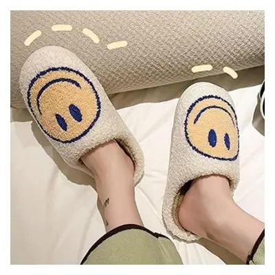 (white,beige, 38-39) Cute Smile Face Slippers, Retro Soft Plush Furry Fluffy Indoor Outdoor Shoe