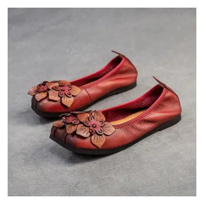 (red, 37) Johnature Retro Flower Flat Shoes Genuine Leather Soft Soled Comfortable Square Toe Sh