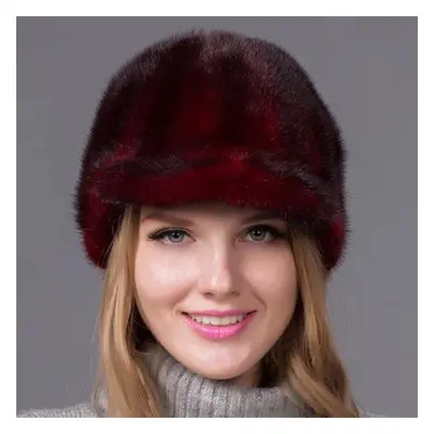 (wine red, M) Winter Mink Fur Women Warm Hat Fashion Thick Visor Hat Fox Fur Cap Casual