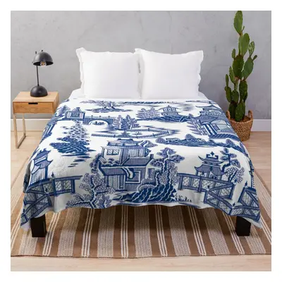 Fleece Throw Blanket Blue Willow Ancient Ming China - Blue And White Chinoiserie for Sofa Couch 