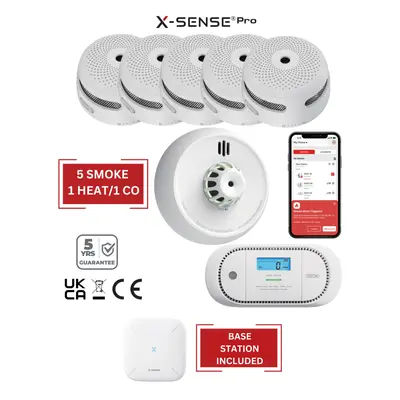 (5 Smoke / Heat / CO) Smart Smoke Detectors, Carbon Monoxide & Heat Alarms with Base Station