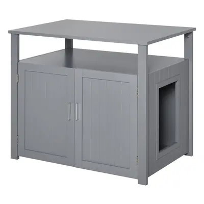 PawHut Wood Cat Litter Box Enclosure Furniture w/ Adjustable Interior Wall Grey