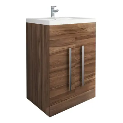 NRG Walnut Bathroom Furniture Storage Cabinet Freestanding Vanity Unit & Basin - 600mm