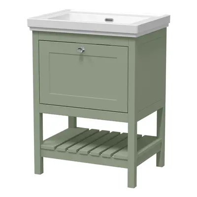 Traditional Furniture Floor Standing Drawer Vanity & Tap Hole Fireclay Basin, 600mm, Fern Green